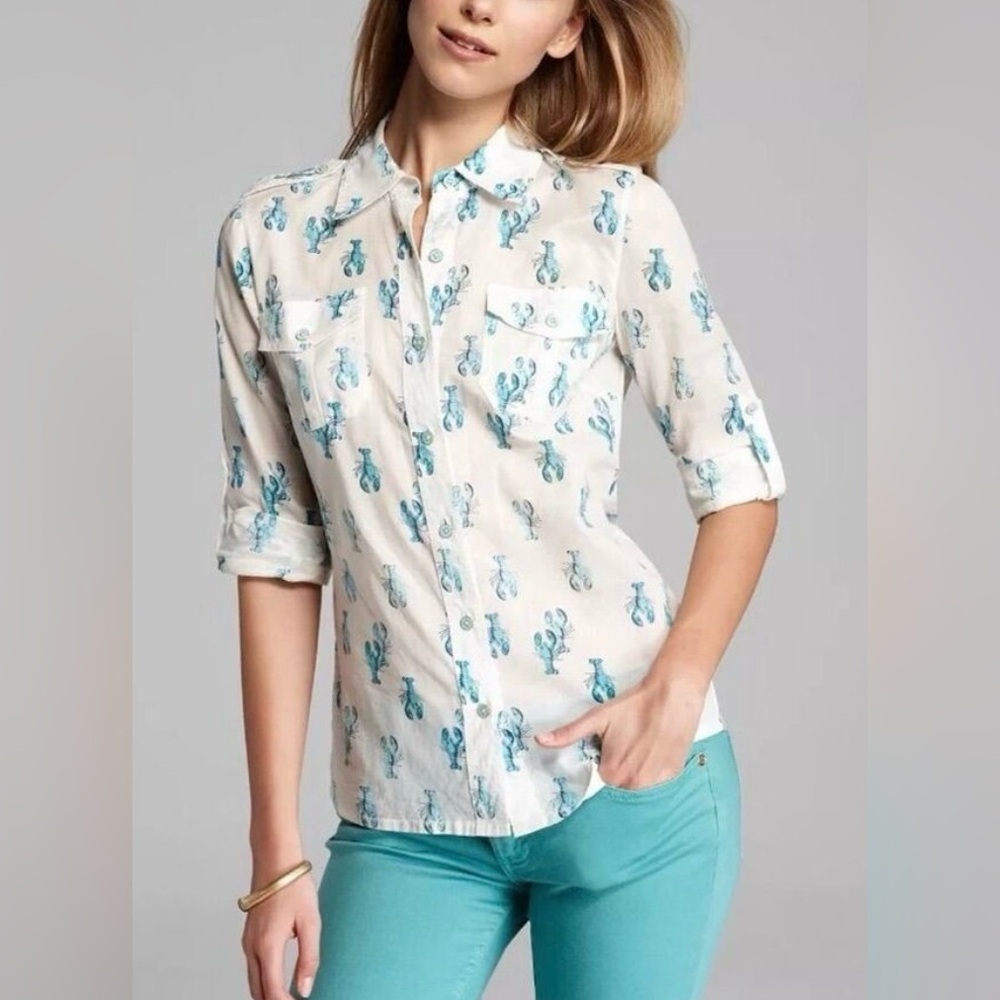 Tory Burch Women’s Brigitte Lobster Print Button Up Shirt - White/Turquoise- 2